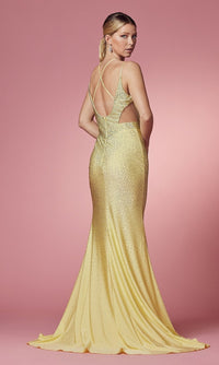 Narianna-Long Beaded Prom Dress with Sheer Side Cut Outs