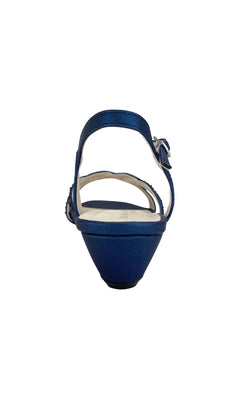 A rear view of the Lena Navy Blue Wedge Prom Shoe by Touch Ups 4378, an open-toe sandal in vegan leather with a low wedge heel and ankle strap, shown against a white background.