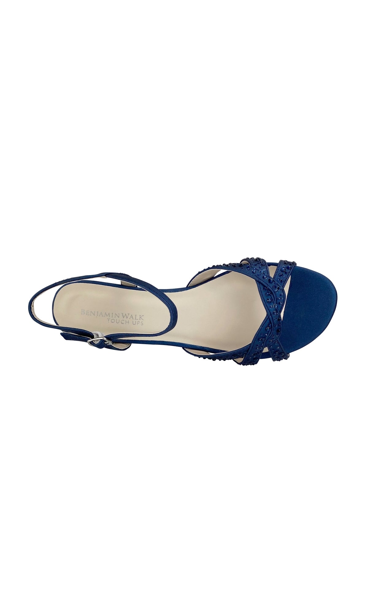 A top view of the Lena Navy Blue Wedge Prom Shoes (Touch Ups 4378), crafted from vegan leather with decorative straps and a slingback design, shown against a white background.