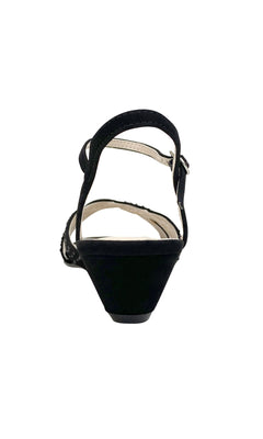 Rear view of the Lena Black Open-Toe Prom Shoes: Touch Ups 4379, featuring a low block heel and ankle strap with buckle—ideal for anyone seeking stylish black low heel prom shoes.