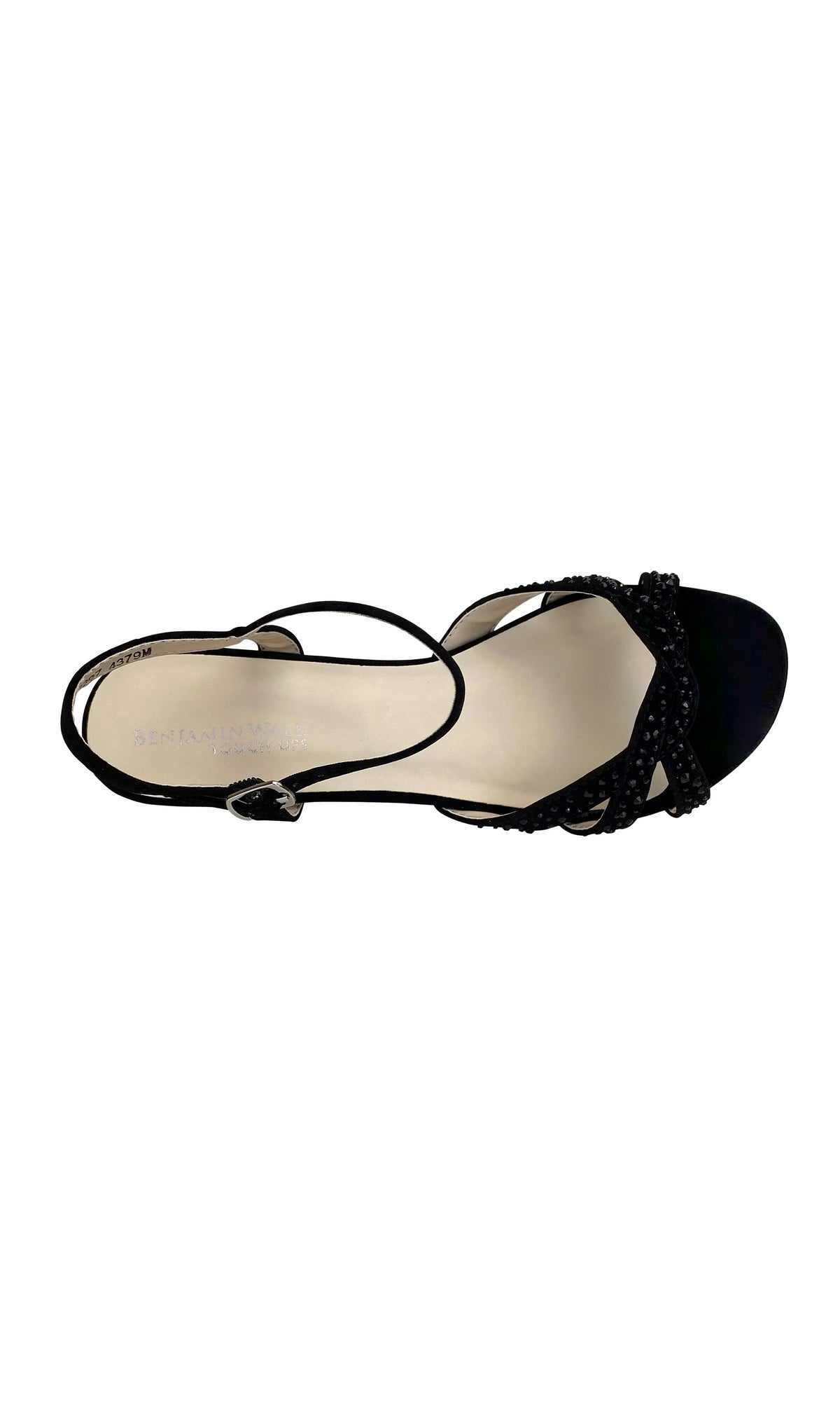 The Lena Black Open-Toe Prom Shoes (Touch Ups 4379) feature a decorative front strap, ankle strap with buckle closure, and low heel—perfect for an elegant prom look.