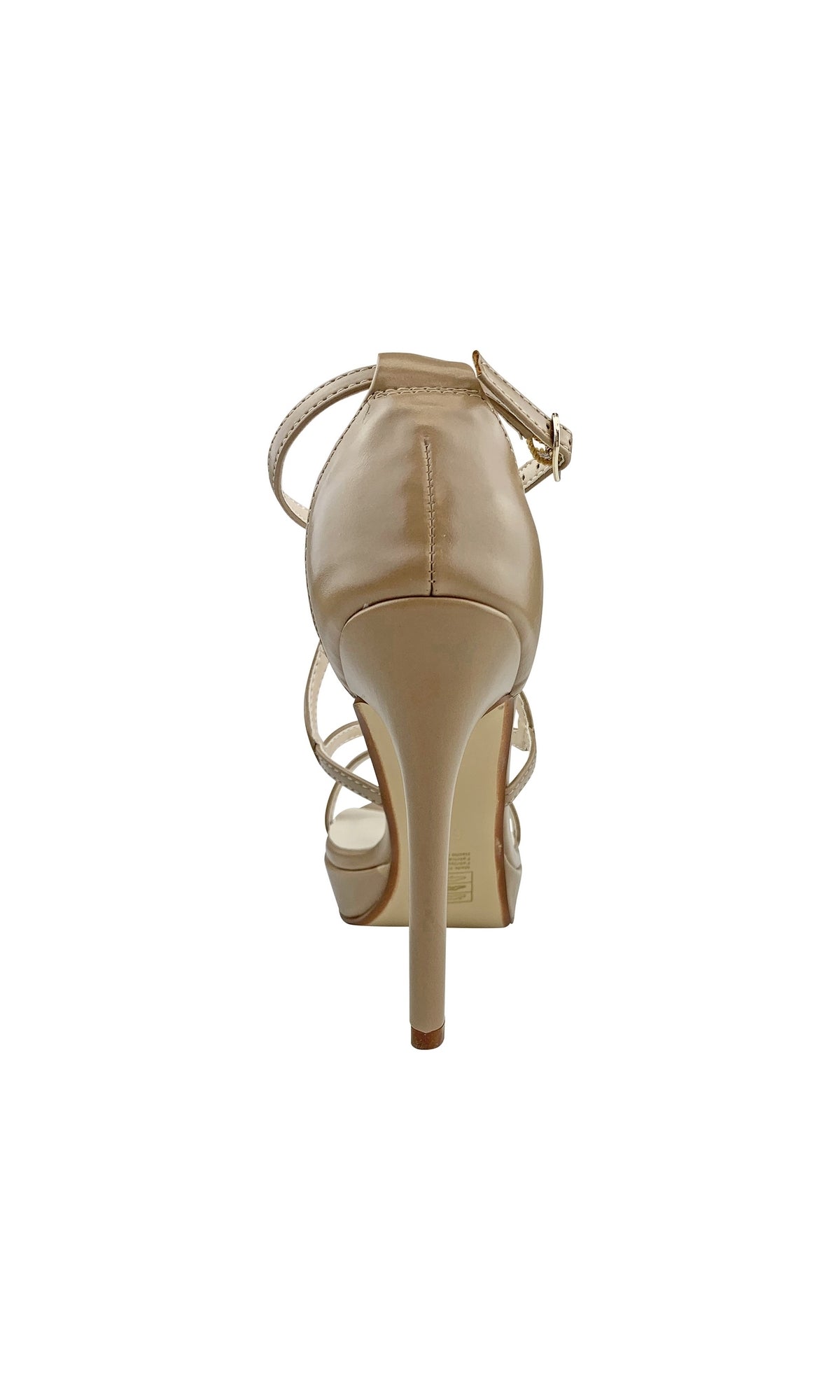 Back view of Lennox Platform Sandal in Taupe 4459, a beige vegan leather high-heeled sandal with ankle and toe straps, thin 4in stiletto heel, and buckle closure.