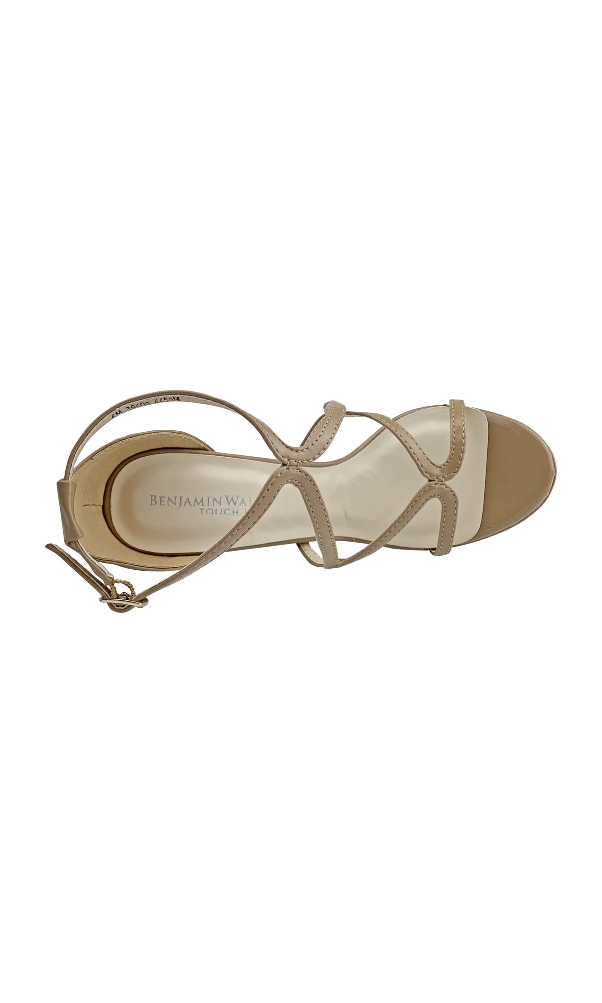 The Lennox Platform Sandal in Taupe 4459 features a beige vegan leather design with thin crisscross straps, an ankle buckle, and a 4-inch open-toe platform heel, shown from an overhead view.
