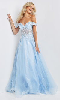 Corset-Bodice Long Off-the-Shoulder Prom Ball Gown