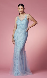 Embroidered-Tulle Long Prom Dress with Deep V-Back