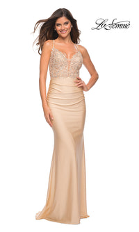La Femme-La Femme Long Prom Dress with Sheer Lace Bodice