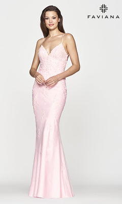 Faviana-Strappy-Back Long Light Pink Prom Dress by Faviana