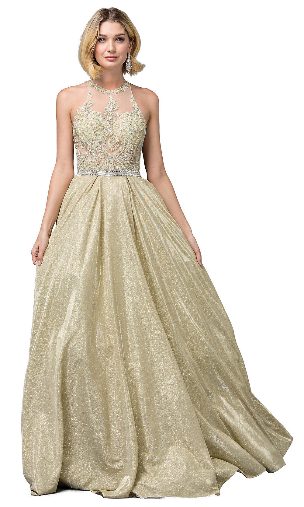 A woman wears the Long A-Line Glitter-Knit Prom Dress with Pockets, featuring a sleeveless style and shimmering floor-length skirt—ideal for those seeking a dazzling, elegant prom look.