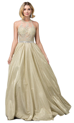 A woman wears the Long A-Line Glitter-Knit Prom Dress with Pockets, featuring a sleeveless style and shimmering floor-length skirt—ideal for those seeking a dazzling, elegant prom look.