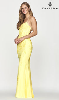 Faviana-Strappy Open-Back Long Yellow Faviana Prom Dress