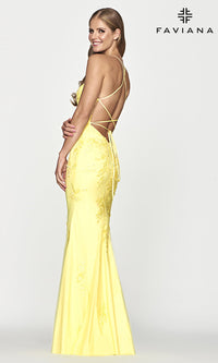 Faviana-Strappy Open-Back Long Yellow Faviana Prom Dress