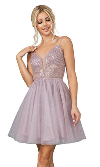Glitter Sheer-Bodice Babydoll Short Prom Dress