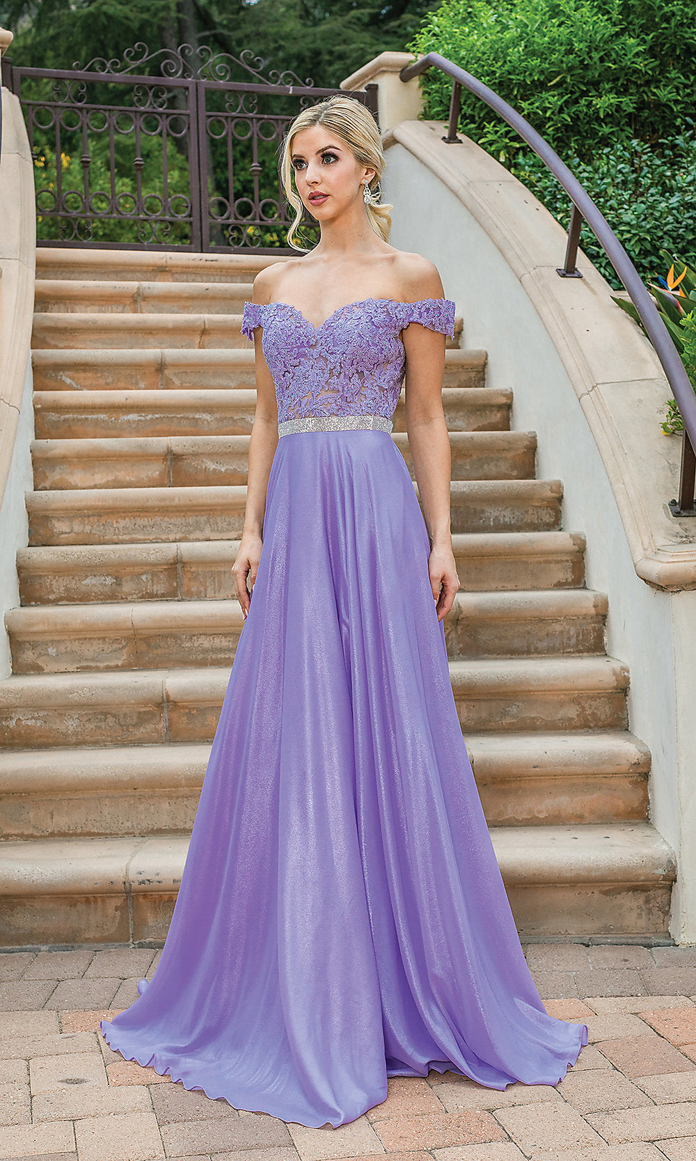 Dancing Queen-Sheer Embroidered-Bodice metallic long prom dress.