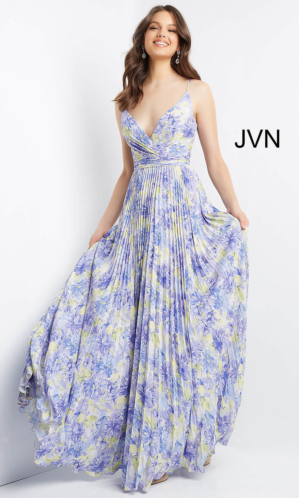 Purple Print Long Pleated JVN by Jovani Prom Dress