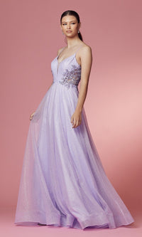 Embroidered Sheer-Back Long Glitter Prom Dress