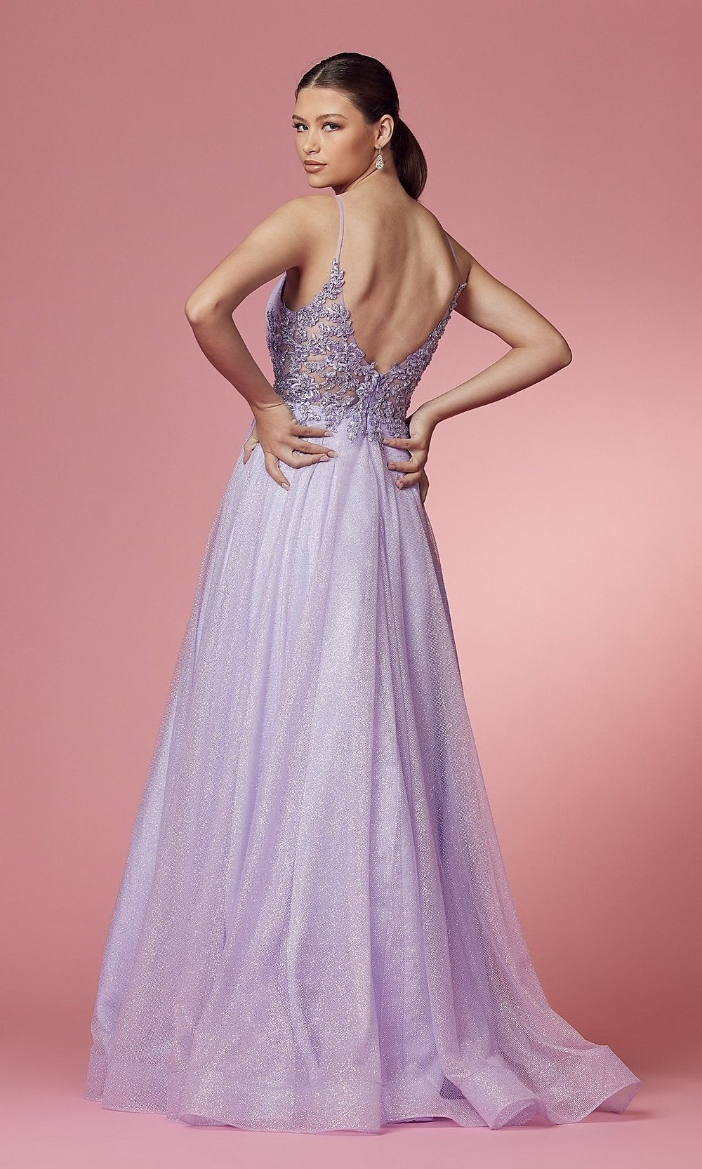 Embroidered Sheer-Back Long Glitter Prom Dress