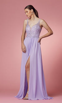 Narianna-Low V-Neck Long A-Line Prom Dress with Skirt Slit