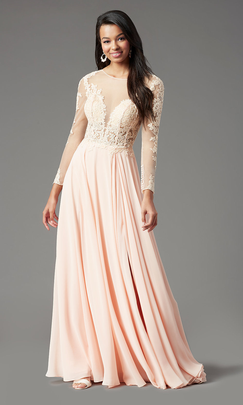 Promgirl Private Label-Long-Sleeve Chiffon Illusion Prom Dress by PromGirl