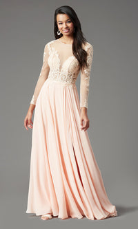 Promgirl Private Label-Long-Sleeve Chiffon Illusion Prom Dress by PromGirl