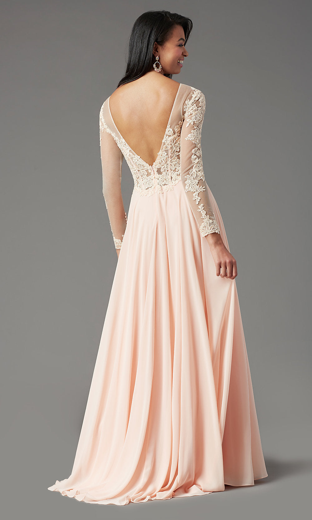 Promgirl Private Label-Long-Sleeve Chiffon Illusion Prom Dress by PromGirl