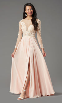 Promgirl Private Label-Long-Sleeve Chiffon Illusion Prom Dress by PromGirl