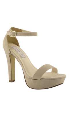 The Beige Faux Suede Mary Sandal by Touch Ups 4366 features a 4" platform heel, ankle strap with buckle, closed heel, and open-toe design.