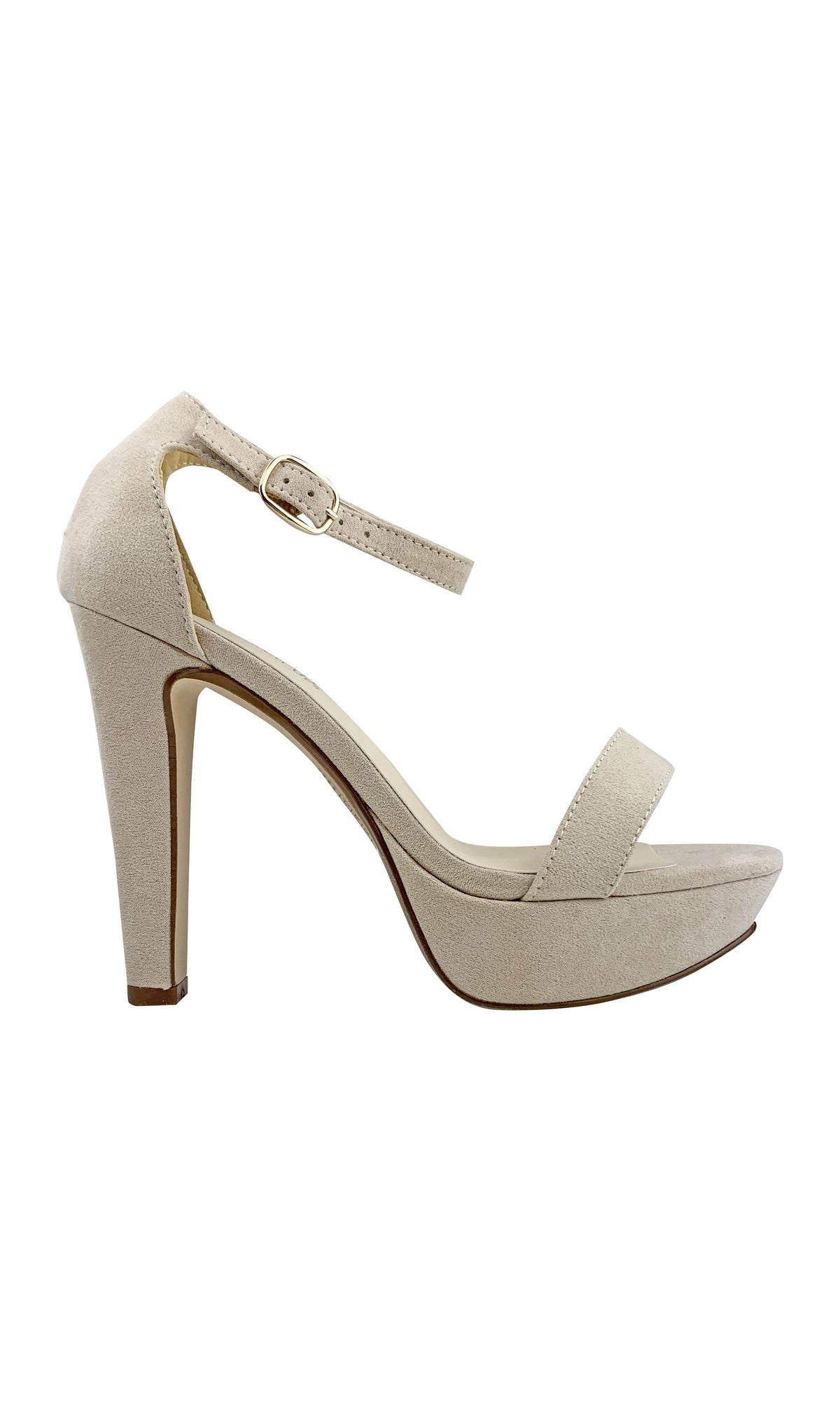 The Beige Faux Suede Mary Sandal by Touch Ups 4366 features a 4-inch platform heel, ankle strap with buckle, closed heel, and open toe design. Presented in profile on a white background.
