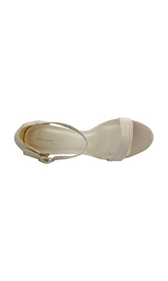 Top view of the Beige Faux Suede Mary Sandal by Touch Ups 4366, featuring a single front strap, ankle strap with buckle, open toe, 4-inch platform heel, and insole labeled "BENJAMIN WALK BOUTIQUE.