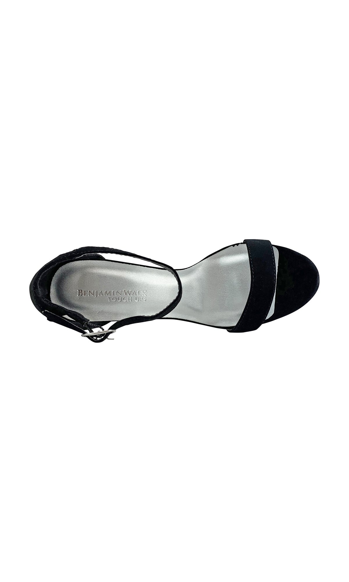 Top view of the Black Imitation Suede Mary Sandal with a High Heel 4367, featuring an open toe, single front strap, ankle buckle strap, and a chic 4-inch heel, shown on a white background.