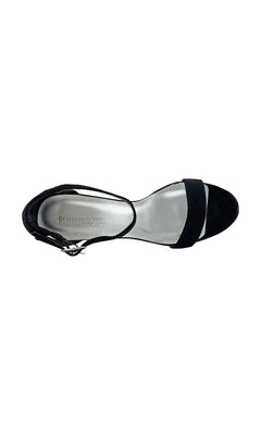 Top view of the Black Imitation Suede Mary Sandal with a High Heel 4367, featuring an open toe, single front strap, ankle buckle strap, and a chic 4-inch heel, shown on a white background.