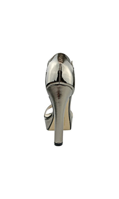 Rear view of the High-Heeled Pewter Silver Mary Sandal 4434, featuring an open toe and closed back, displayed against a plain white background.