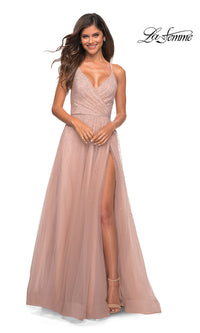 La Femme-La Femme Beaded Long Prom Dress in Mauve Pink