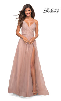La Femme-La Femme Beaded Long Prom Dress in Mauve Pink