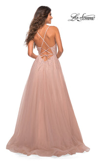 La Femme-La Femme Beaded Long Prom Dress in Mauve Pink
