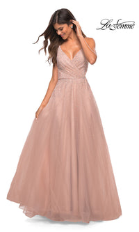 La Femme-La Femme Beaded Long Prom Dress in Mauve Pink