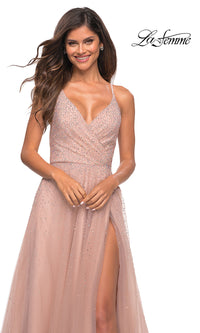La Femme-La Femme Beaded Long Prom Dress in Mauve Pink
