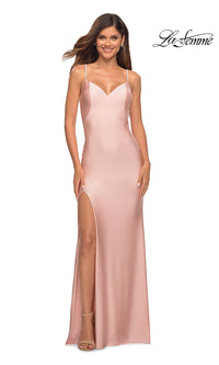 La Femme-La Femme Simple Long Prom Dress with Rhinestones