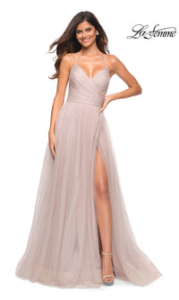 La Femme-La Femme Long Beaded Tulle Ball Gown for Prom