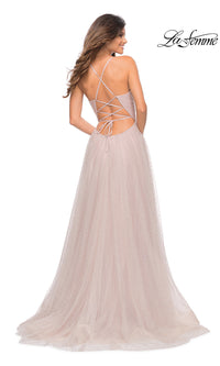 La Femme-La Femme Long Beaded Tulle Ball Gown for Prom