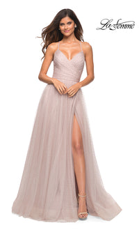 La Femme Long Beaded Tulle Ball Gown for Prom