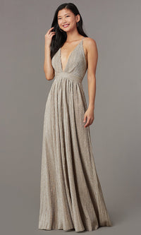 Luxxel Clothing-Mauve Nude Long Glitter-Knit V-Neck Prom Dress