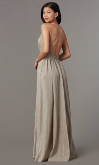 Luxxel Clothing-Mauve Nude Long Glitter-Knit V-Neck Prom Dress