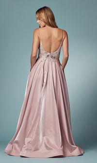 Mauve Pink Long Sheer-Bodice Formal Prom Dress