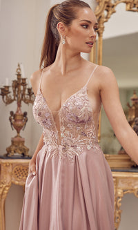 Mauve Pink Long Sheer-Bodice Formal Prom Dress