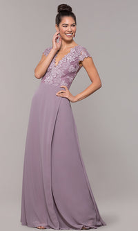 Long Faux-Wrap Embroidered V-Neck Prom Dress