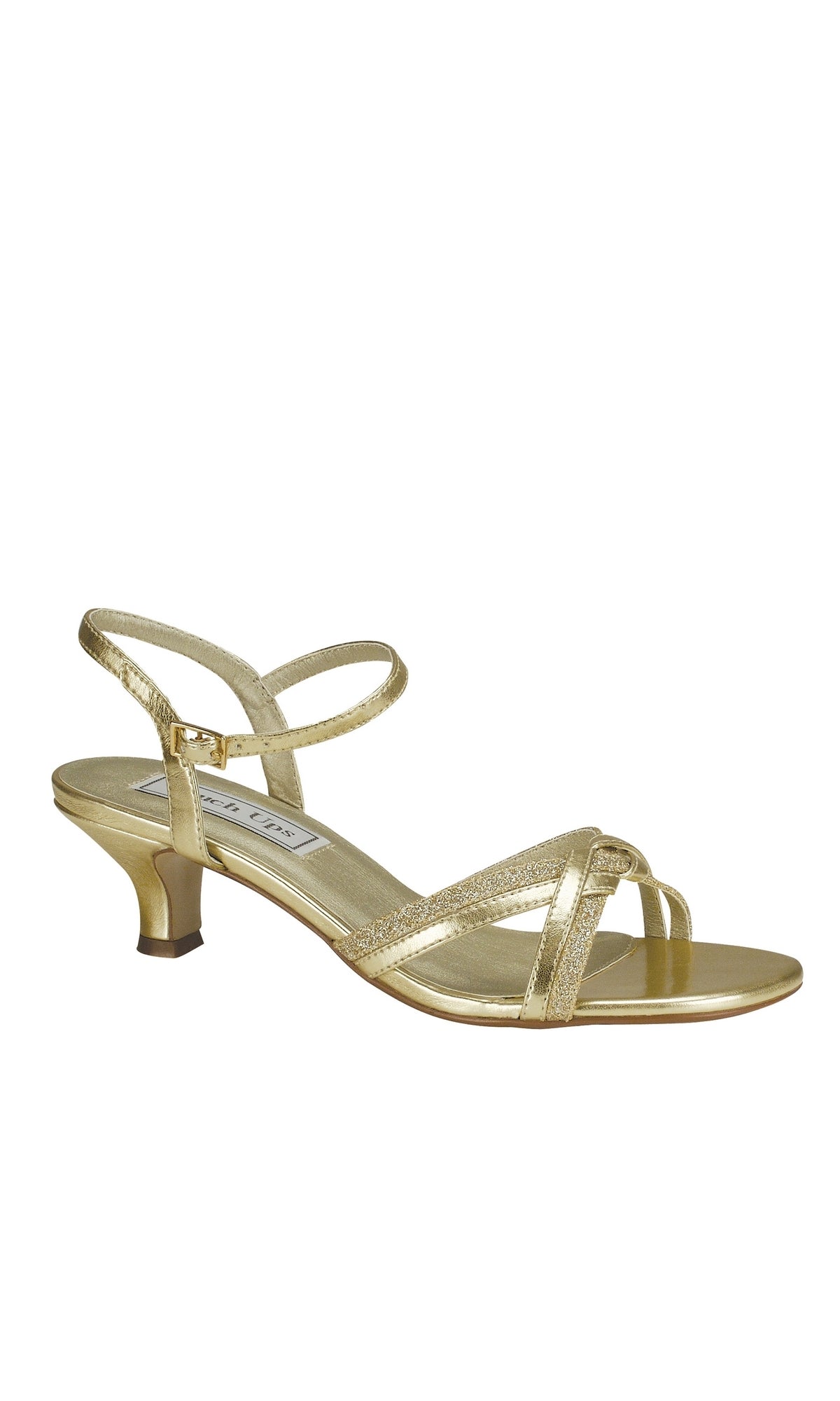 gold low heel dress sandals Melanie in by Touch Ups 897 Gold / 6M Adjustable and padded footbed Silhouette:Sheath Organic Cotton & Sustainable