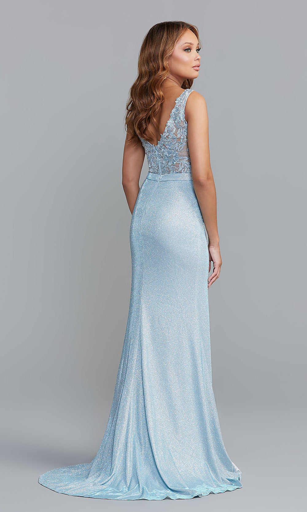 PromGirl Sheer-Bodice Long Glitter Prom Dress