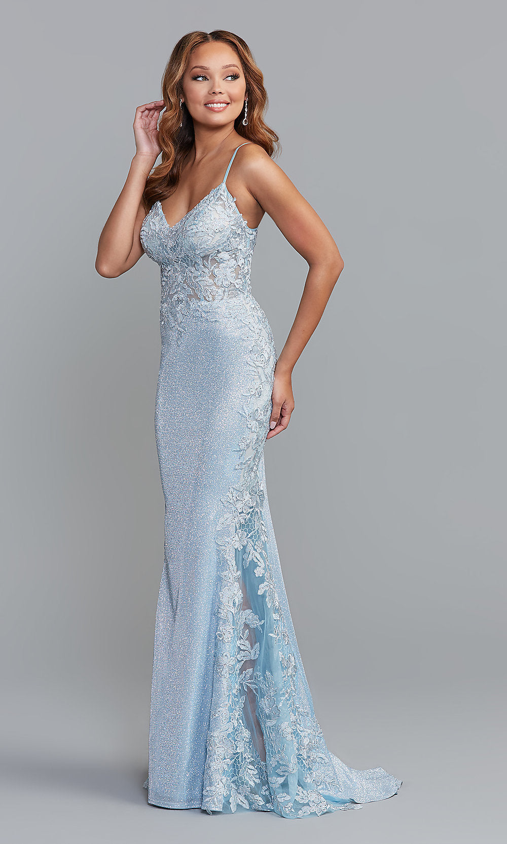 Sheer-Bodice Long Lace-Back Prom Dress - PromGirl