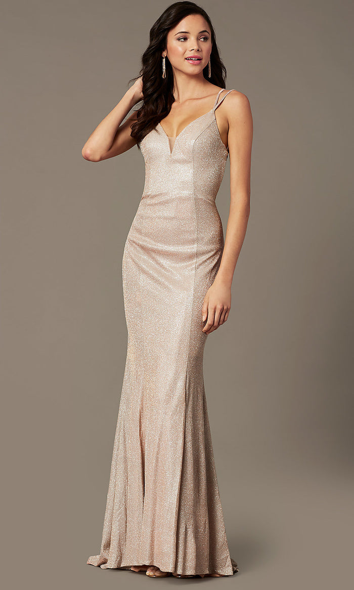 Promgirl Private Label-Long Glitter-Knit V-Neck Prom Dress by PromGirl