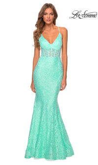 La Femme-La Femme Sheer-Waist Long Sequin-Lace Prom Dress